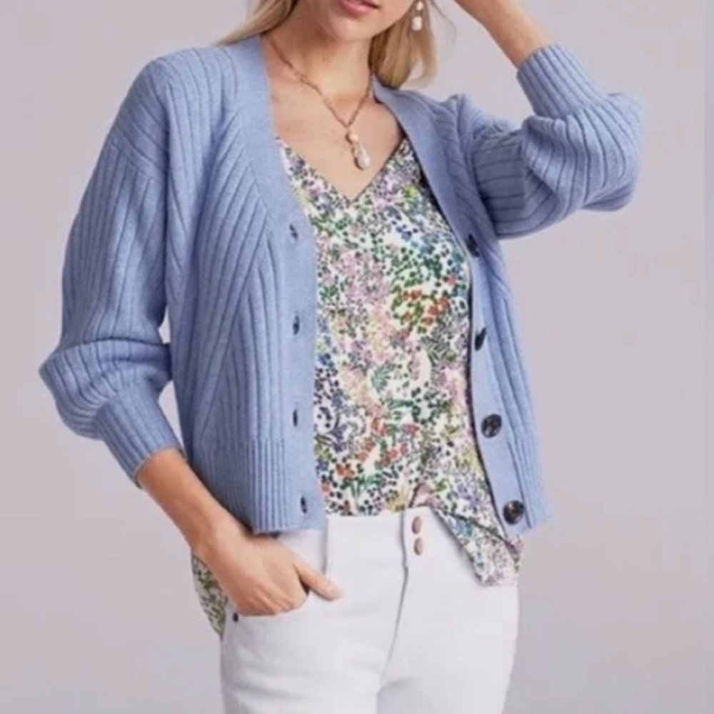 CAbi Size SMALL Scenic Baby Blue Long Sleeve Ribbed Cardigan